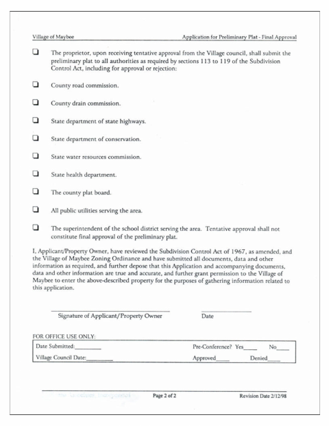 First page of the Preliminary Plat Final Approval Application