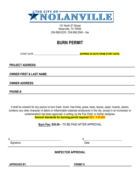 First page of the Burn Permit