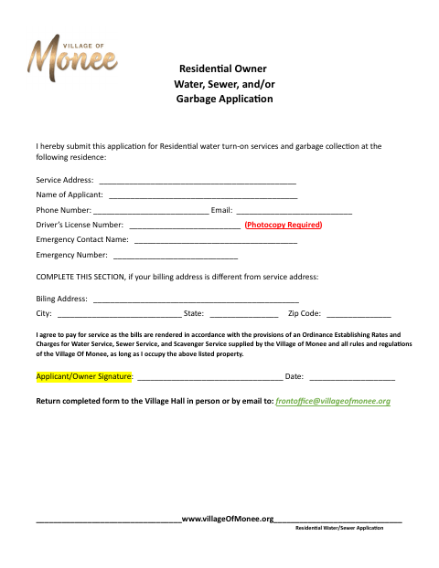 First page of the Residential Water, Sewer, and Garbage Application