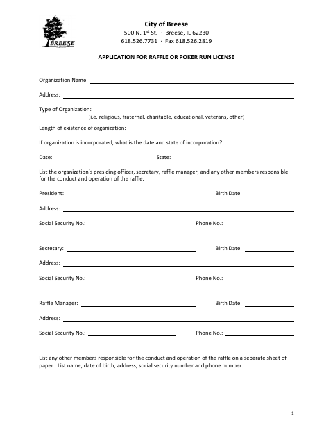 First page of the Application for Raffle or Poker Run License