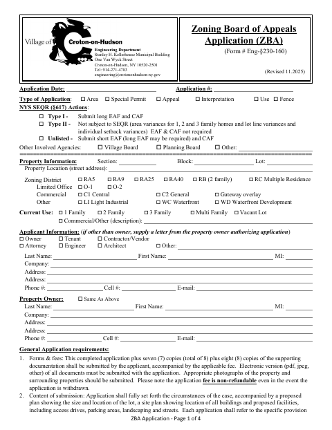 First page of the Zoning Board of Appeals Application