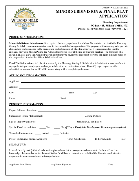 First page of the Minor Subdivision & Final Plat Application