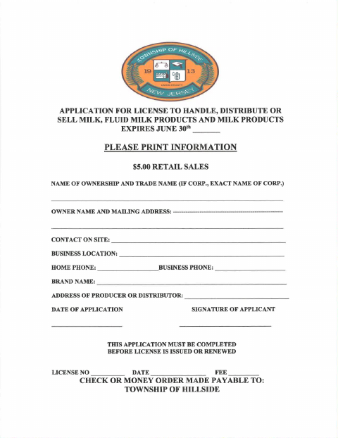 First page of the Milk/Dairy License Application