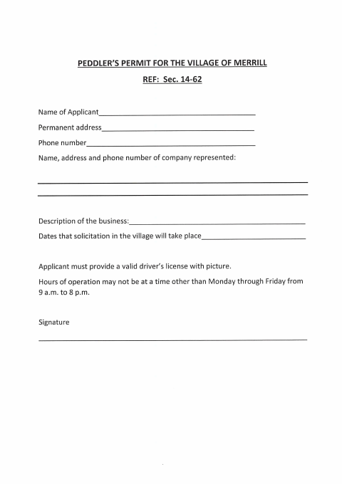 First page of the Peddler’s Permit