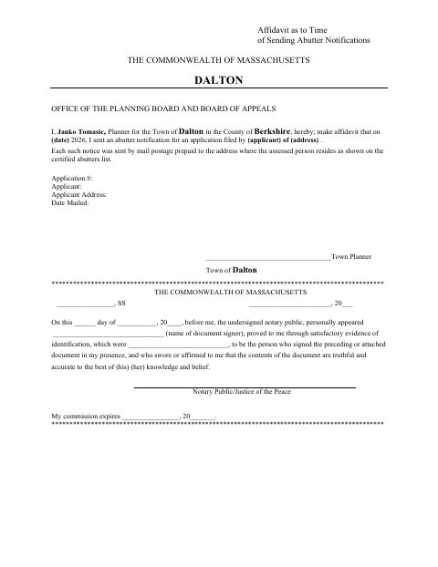First page of the Abutter Notification Mailing Affidavit