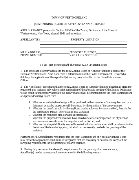 First page of the Area Variance Application