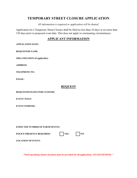 First page of the Temporary Street Closure Application