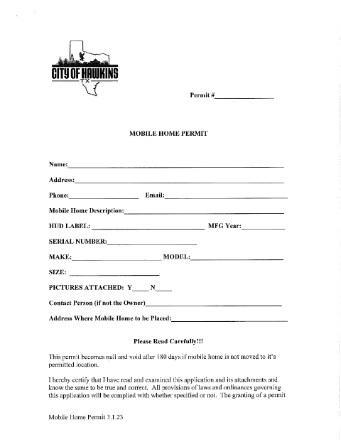 First page of the Mobile Home Permit