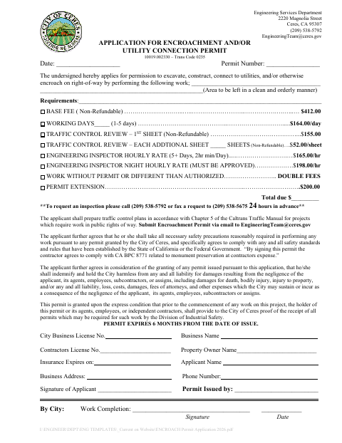 First page of the Application for Encroachment and/or Utility Connection Permit
