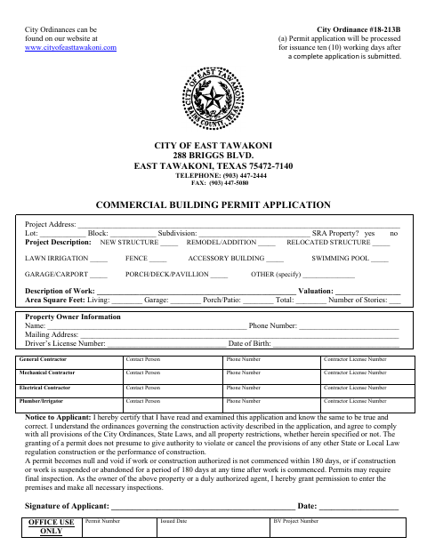 First page of the Commercial Building Permit Application