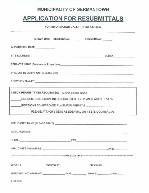First page of the Revision/Resubmittal Application