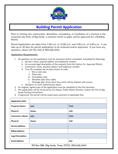 First page of the Building Permit Application