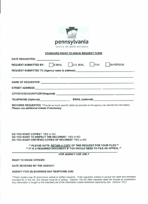 First page of the Standard Right-To-Know Request Form