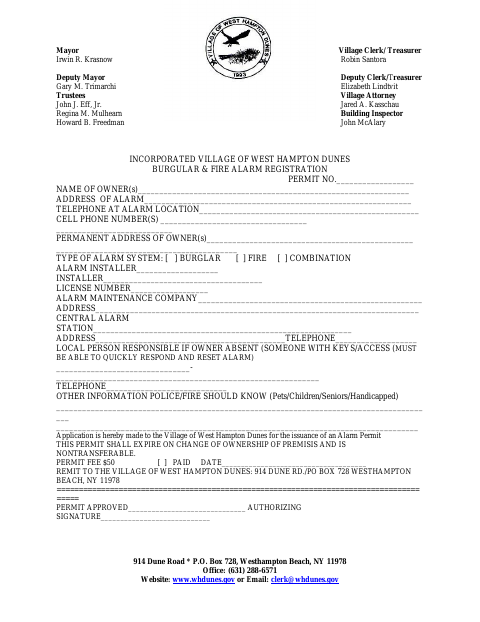 First page of the Burglar & Fire Alarm Registration Permit