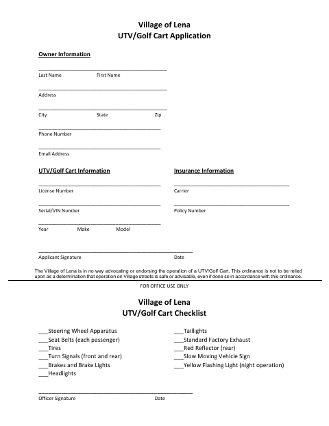 First page of the UTV/Golf Cart Application & Checklist