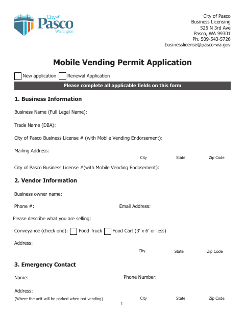 First page of the Mobile Vending Permit Application