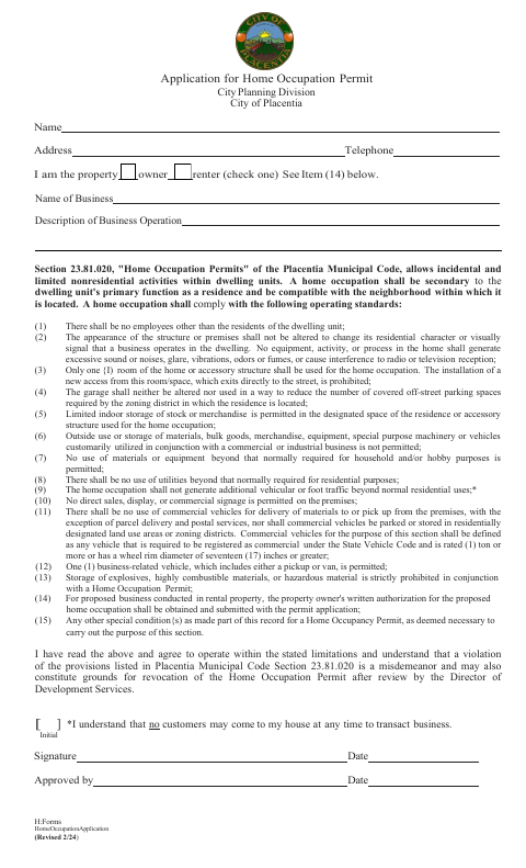First page of the Home Occupation Permit Application
