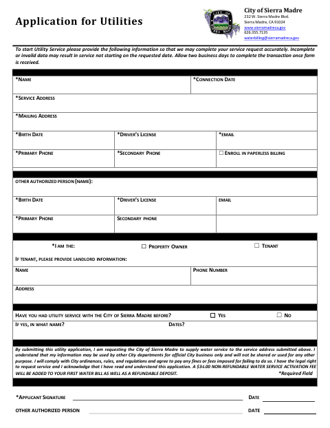 First page of the Application for Utilities