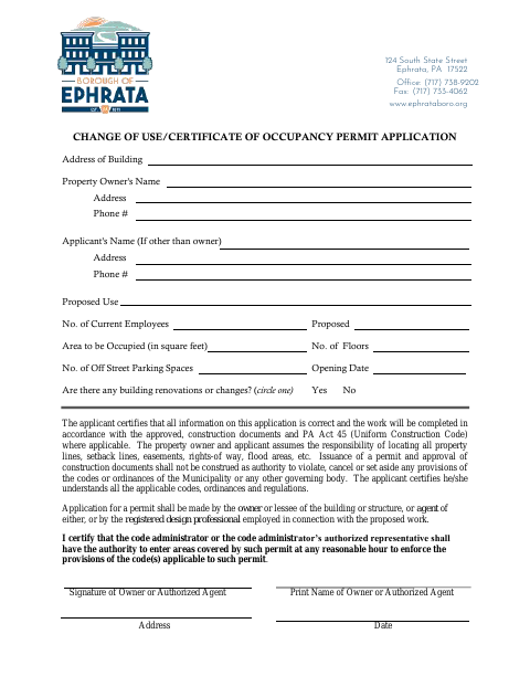 First page of the Change of Use Application