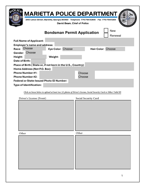 First page of the Bondsman Permit Application