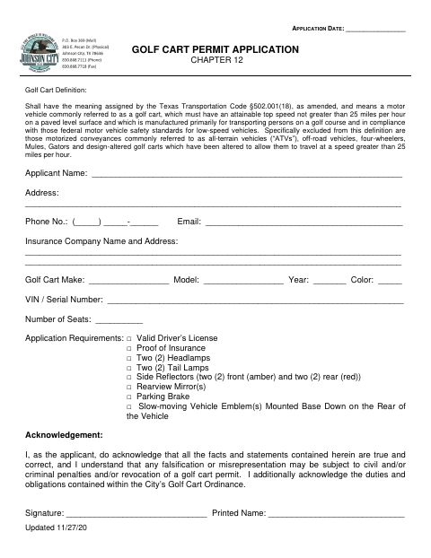 First page of the Golf Cart Permit Application