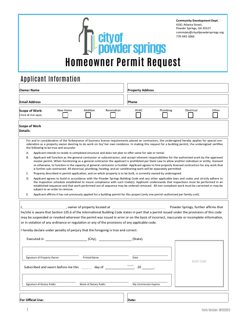 First page of the Homeowner Permit Request