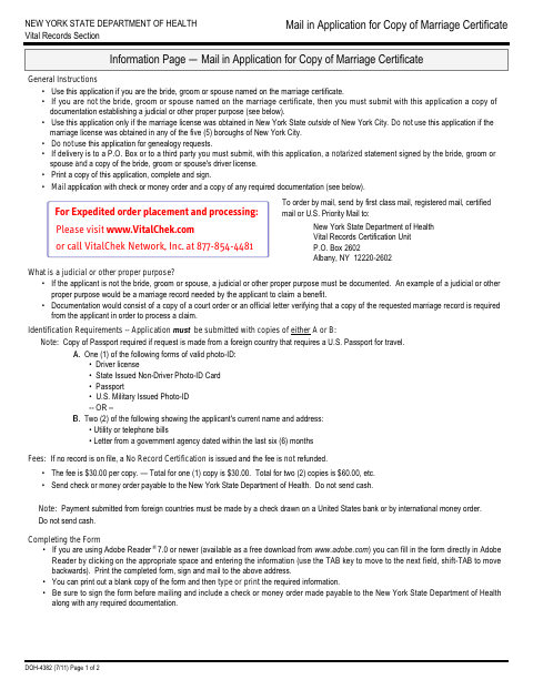 First page of the Mail-In Application for Copy of Marriage Certificate