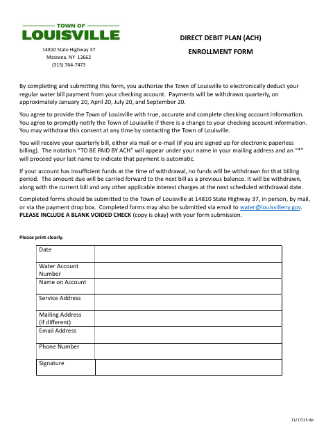 First page of the Direct Debit Plan (ACH) Enrollment Form