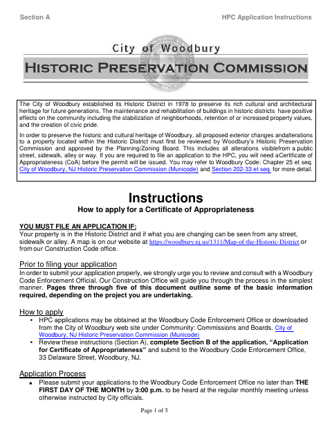 First page of the Application for Certificate of Appropriateness
