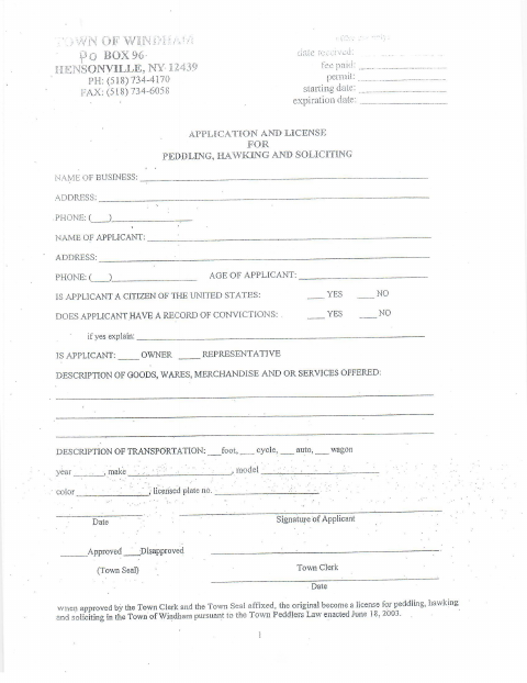 First page of the Peddlers Permit Application