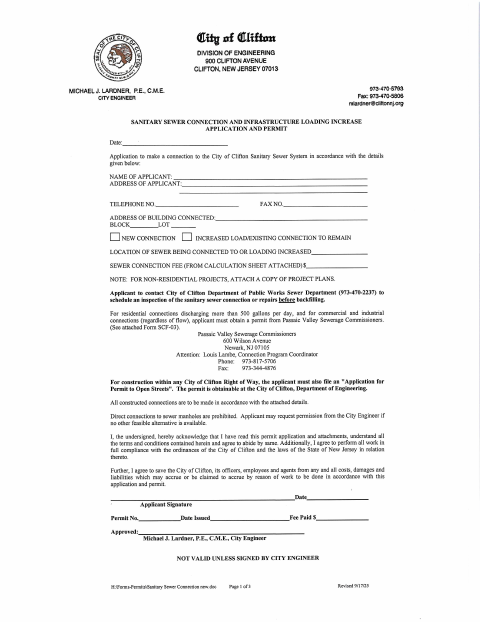 First page of the Sanitary Sewer Connection and Infrastructure Loading Increase Application and Permit