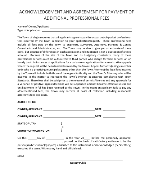 First page of the Acknowledgment and Agreement for Payment of Additional Professional Fees