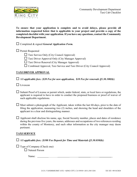 First page of the Taxi Cab Checklist