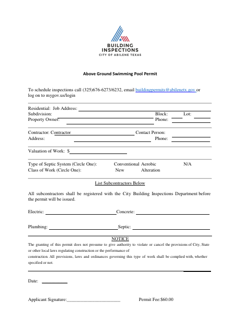 First page of the Above Ground Swimming Pool Permit