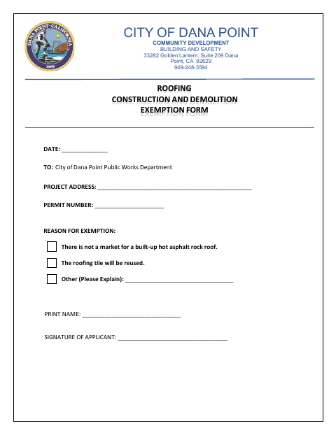 First page of the Roofing Construction and Demolition Exemption Form