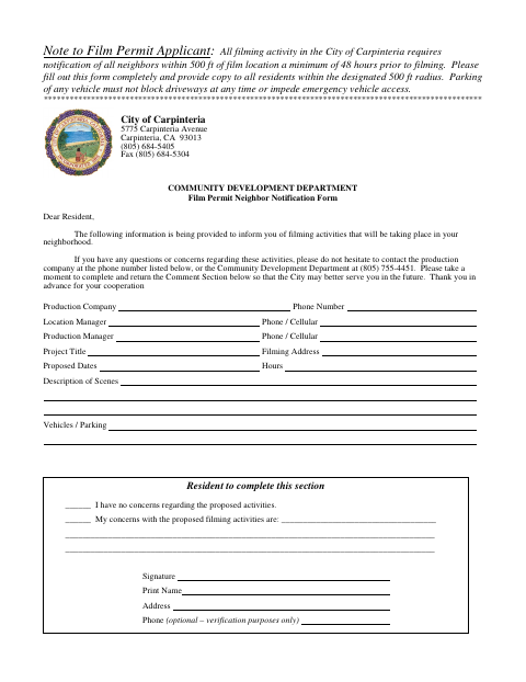 First page of the Film Permit Neighbor Notification Form