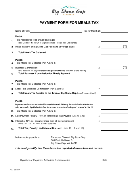 First page of the Payment Form for Meals Tax
