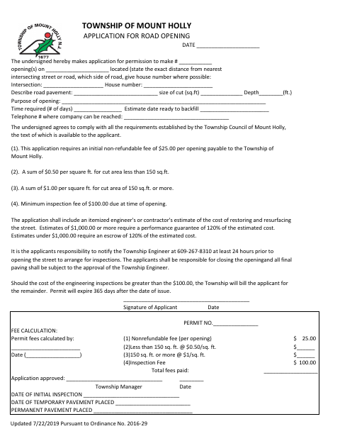First page of the Application For Road Opening