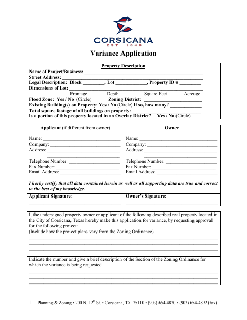 First page of the Variance Application