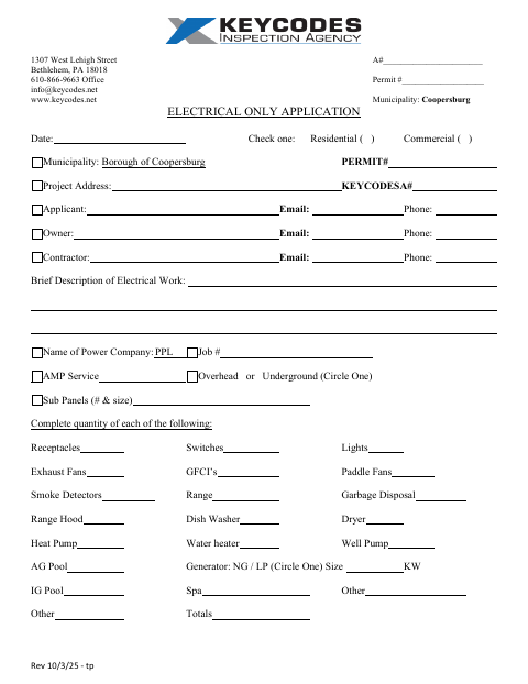First page of the Electrical Only Application