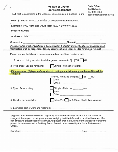 First page of the Roof Replacement Permit Application
