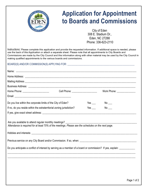 First page of the Application for Appointment to Boards and Commissions