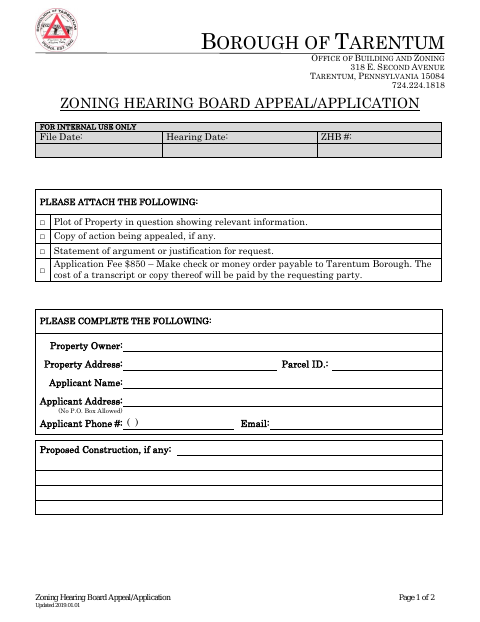 First page of the Zoning Hearing Board Appeal/Application