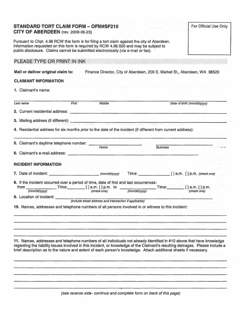 First page of the Standard Tort Claim Form