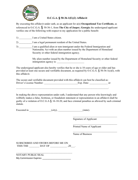 First page of the Occupational Tax Certificate Affidavit