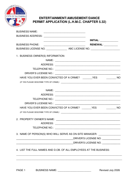 First page of the Entertainment/Amusement/Dance Permit Application