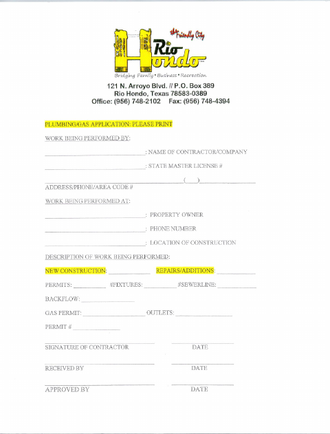 First page of the Plumbing/Gas Permit