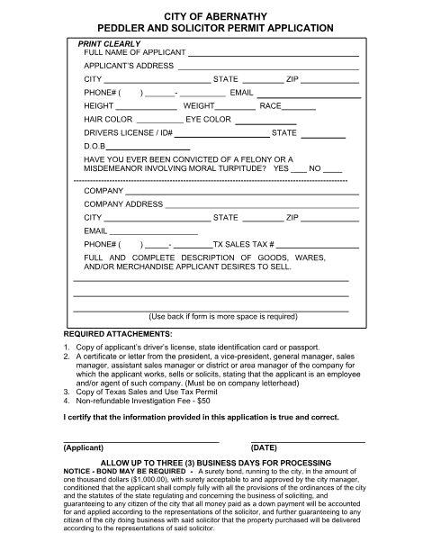 First page of the Peddler and Solicitor Permit Application