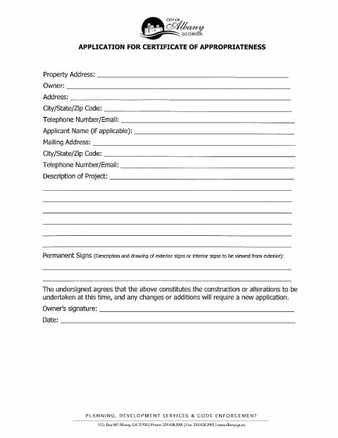 First page of the Certificate of Appropriateness Application