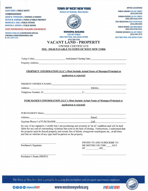 First page of the Vacant Land Property Owner Certificate Application